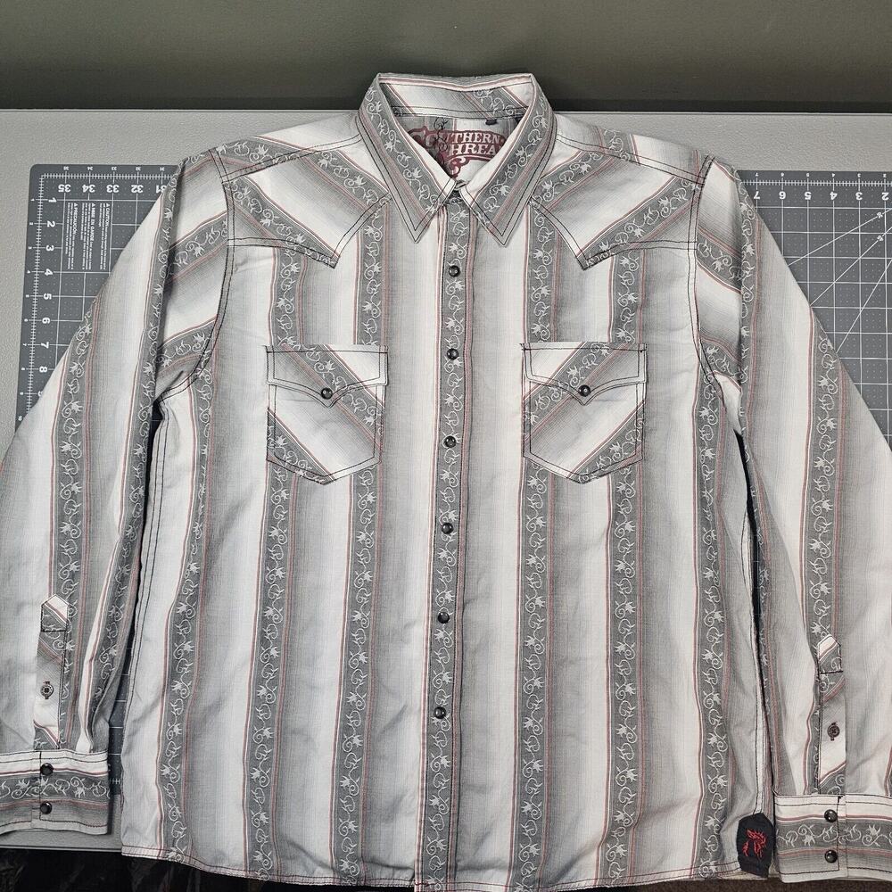 Southern Thread Shirt XL Floral Striped Rooster Western Pearl Cowboy Rodeo